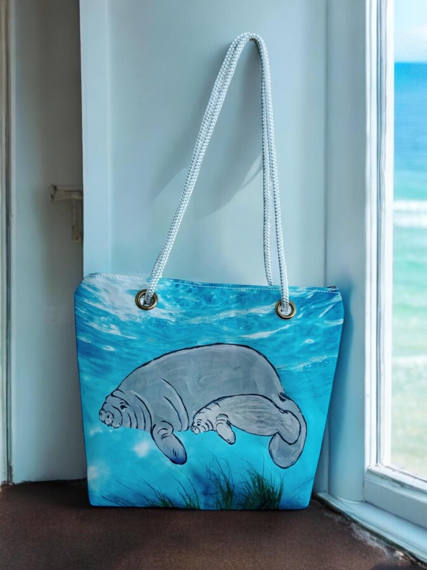 Recycled Sail Tote Bag: Handcrafted Manatee Design