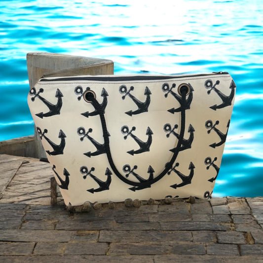 Recycled Sail Tote Bag: Nautical Anchor Design, Zipper Top
