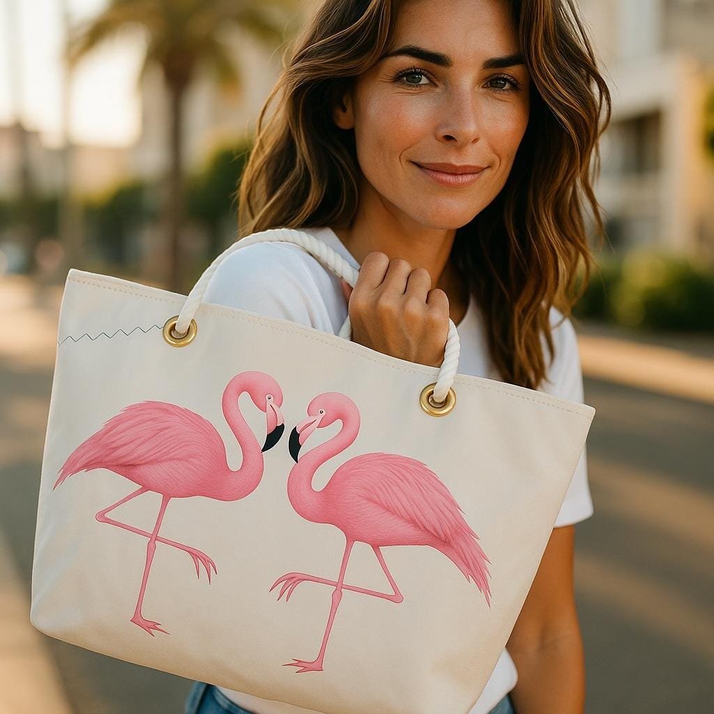 Two Pink Flamingos Tote – Original Art on Off-White Recycled Sail Bag