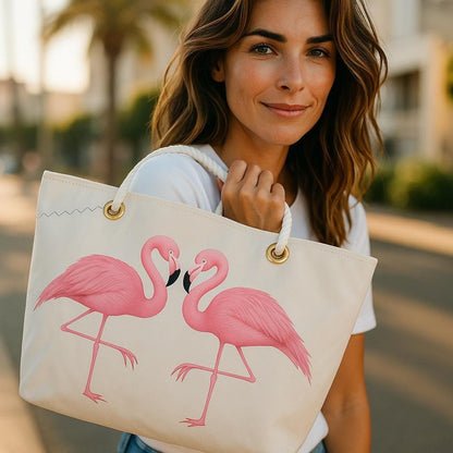 Two Pink Flamingos Tote – Original Art on Off-White Recycled Sail Bag