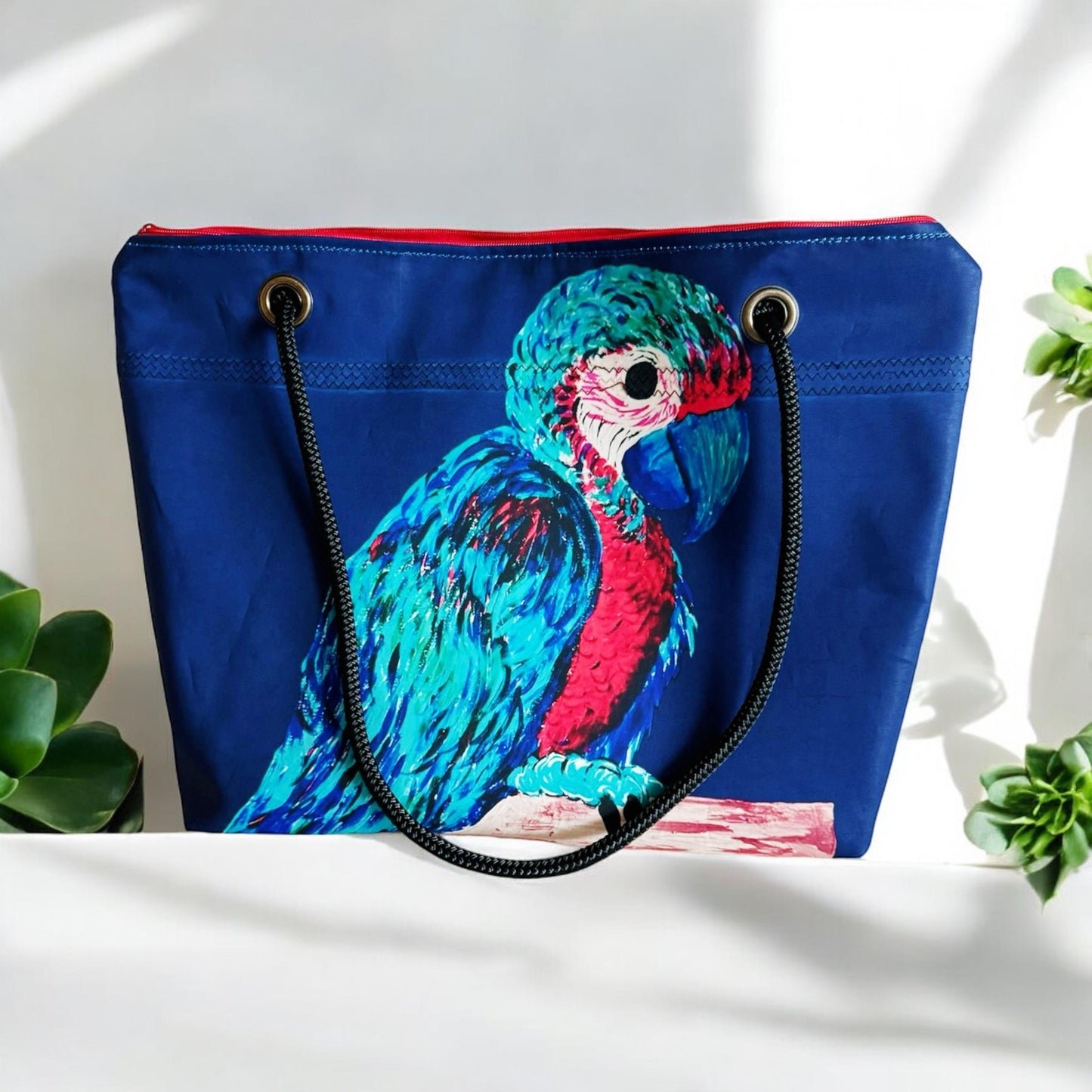 Recycled Sailcloth Parrot Art Tote Bag: Eco-Friendly Coastal Purse