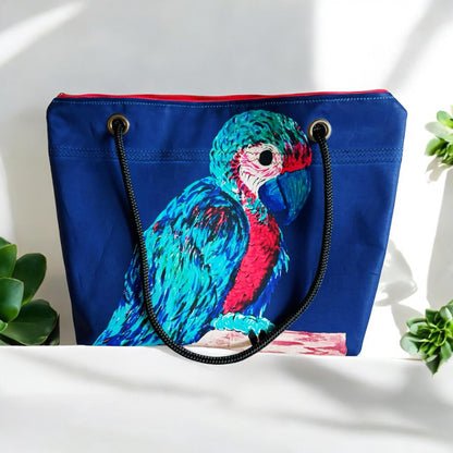 Recycled Sailcloth Parrot Art Tote Bag: Eco-Friendly Coastal Purse