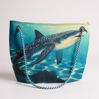 Whale Shark Tote – Original Art on Blue Recycled Sail Bag