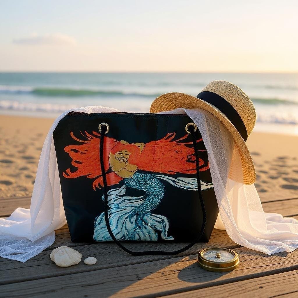 Recycled Sail Mermaid Art Tote Bag: Red or Blonde Hair