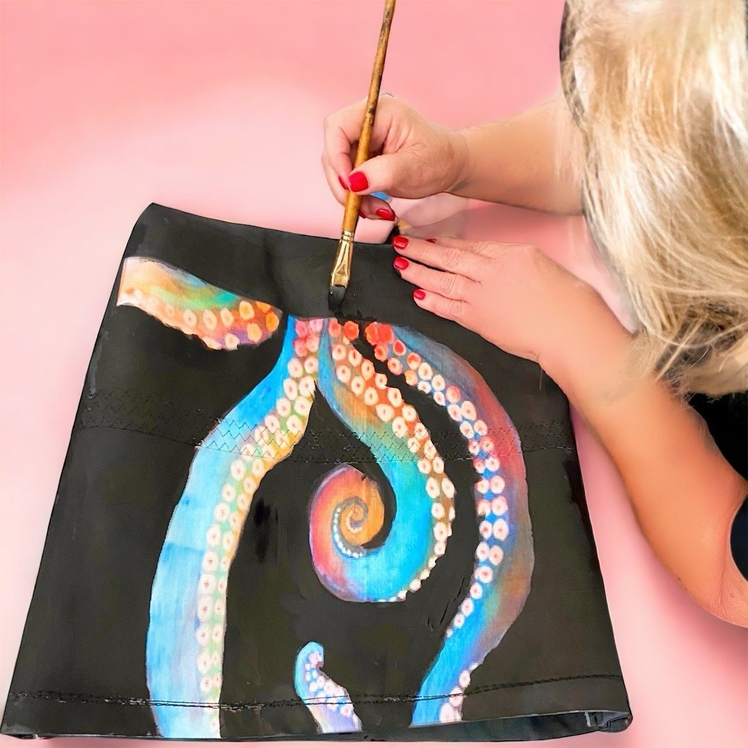 Recycled Sailcloth Octopus Art Tote Bag: Crossbody or Wristlet