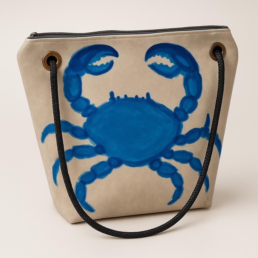 Recycled Sailcloth Tote: Blue Crab Art, Waterproof Lining