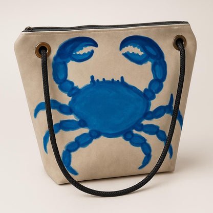 Recycled Sailcloth Tote: Blue Crab Art, Waterproof Lining