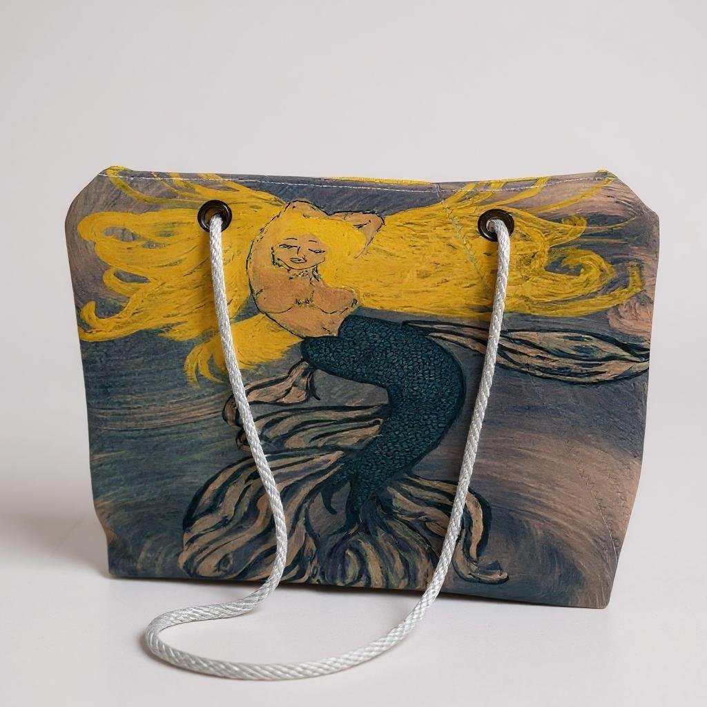 Recycled Sail Mermaid Art Tote Bag: Red or Blonde Hair