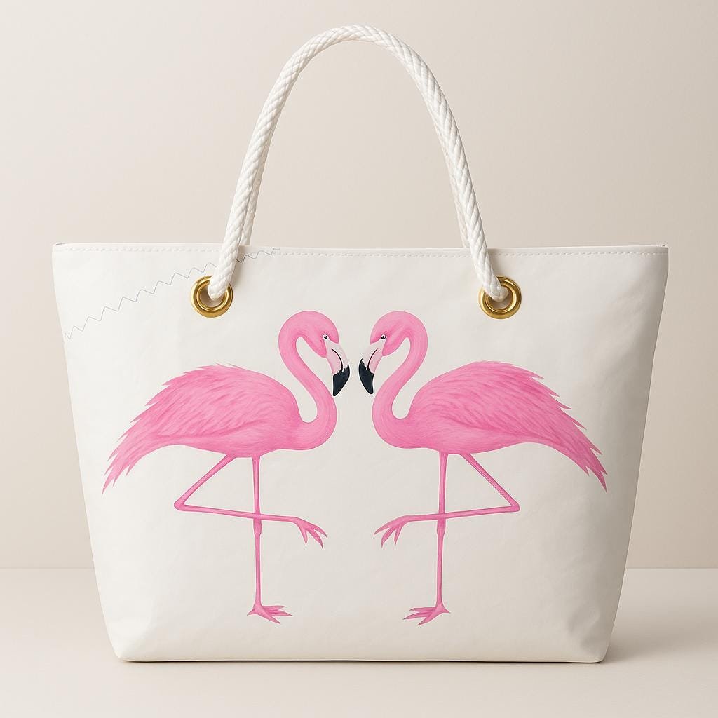 Two Pink Flamingos Tote – Original Art on Off-White Recycled Sail Bag
