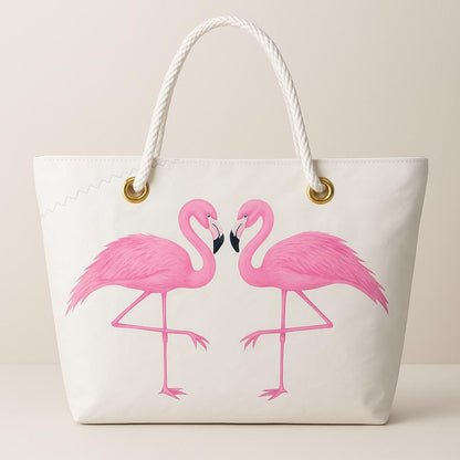Two Pink Flamingos Tote – Original Art on Off-White Recycled Sail Bag