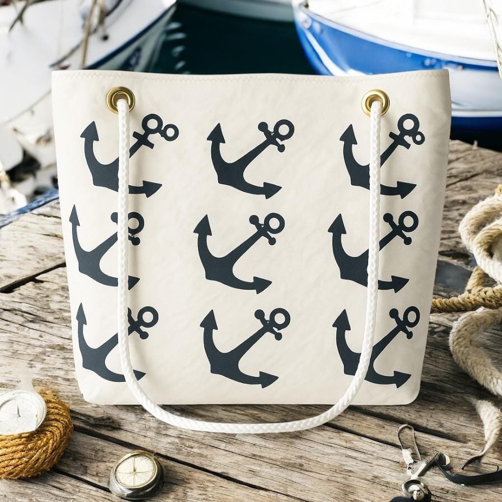 Recycled Sail Tote Bag: Nautical Anchor Design, Zipper Top