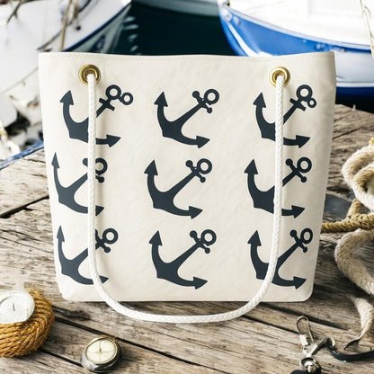 Recycled Sail Tote Bag: Nautical Anchor Design, Zipper Top