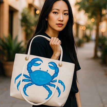Recycled Sailcloth Tote: Blue Crab Art, Waterproof Lining