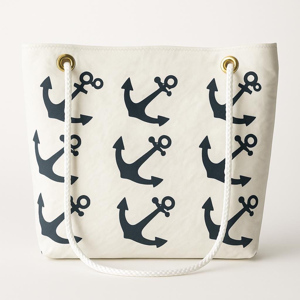 Recycled Sail Tote Bag: Nautical Anchor Design, Zipper Top