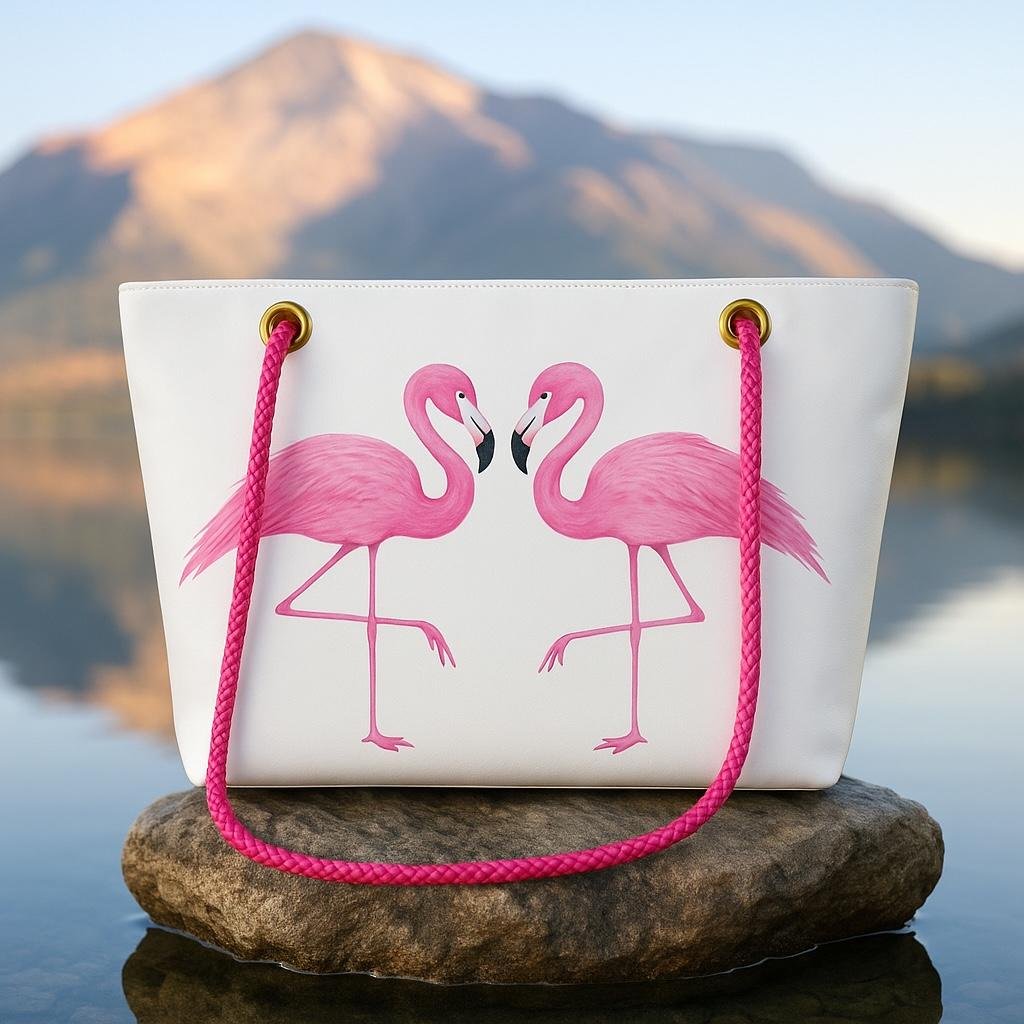 Two Pink Flamingos Tote – Original Art on Off-White Recycled Sail Bag