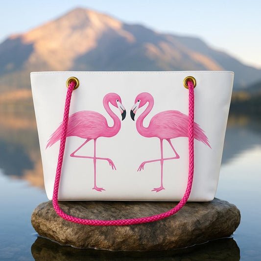 Two Pink Flamingos Tote – Original Art on Off-White Recycled Sail Bag