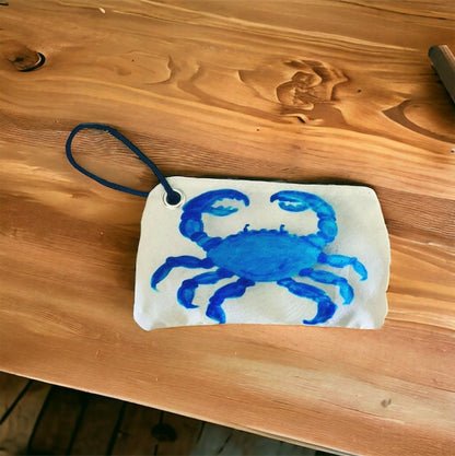 Recycled Sailcloth Tote: Blue Crab Art, Waterproof Lining