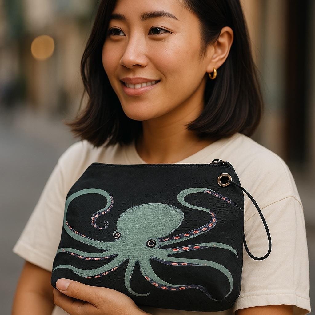 Recycled Sailcloth Octopus Tote Bag: Original Nautical Art