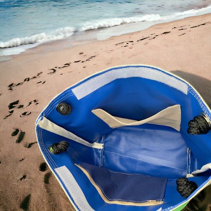 Recycled Sailcloth Tote: Blue Crab Art, Waterproof Lining