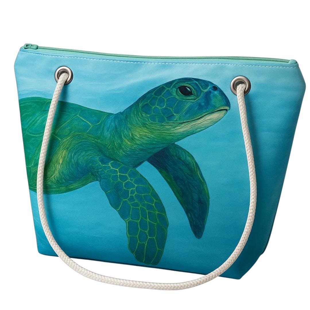 Recycled Sail Tote Bag: Sea Turtle Art, Waterproof Lining