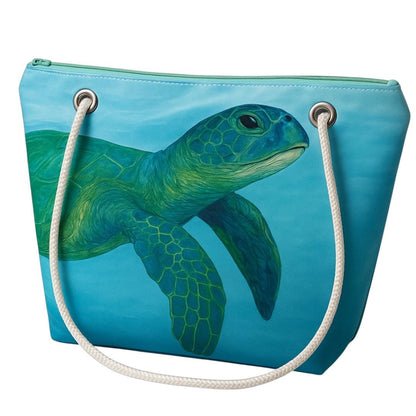 Recycled Sail Tote Bag: Sea Turtle Art, Waterproof Lining