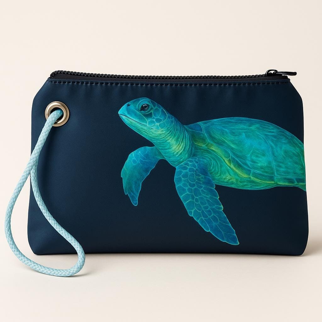 Recycled Sail Tote Bag: Sea Turtle Art, Waterproof Lining