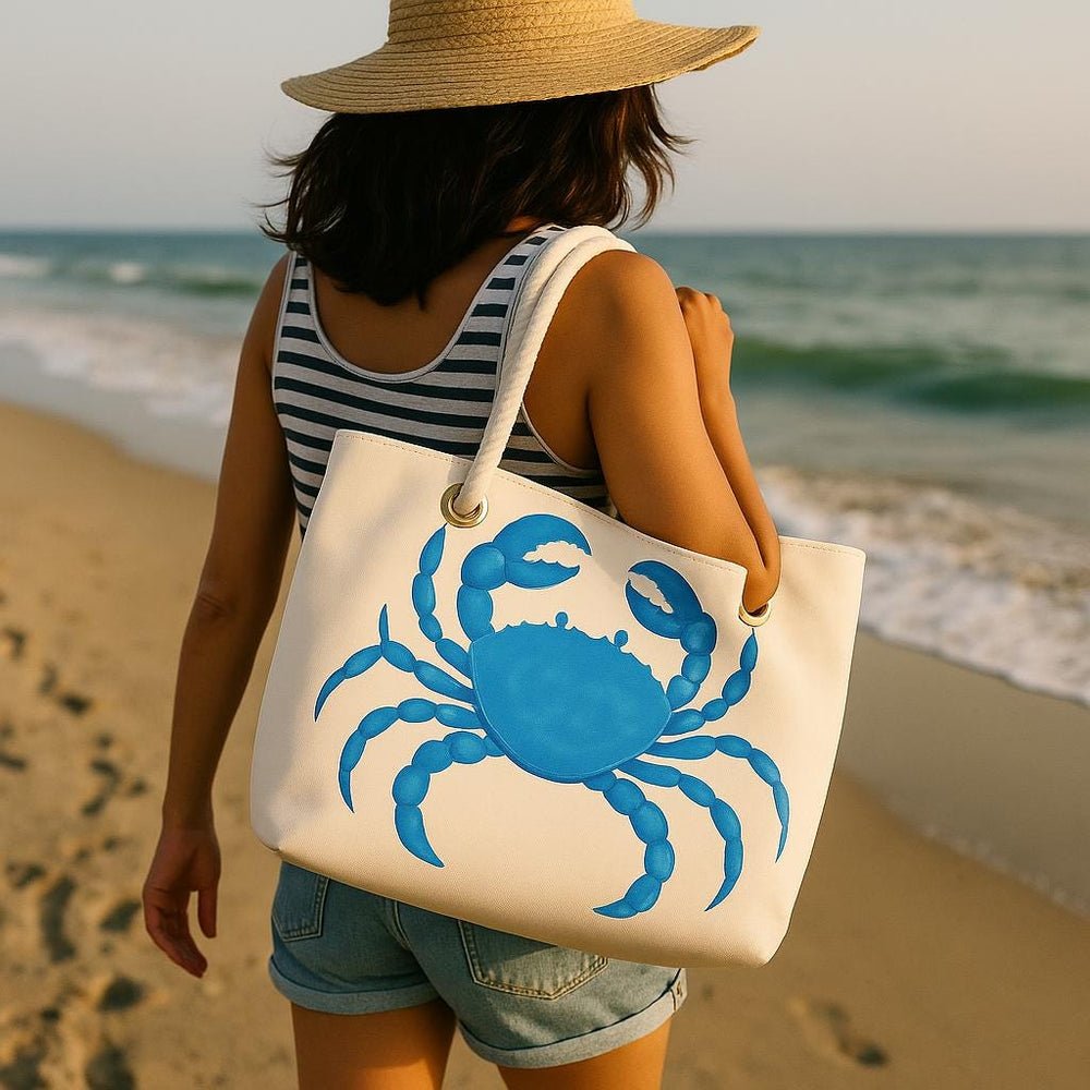 Recycled Sailcloth Tote: Blue Crab Art, Waterproof Lining