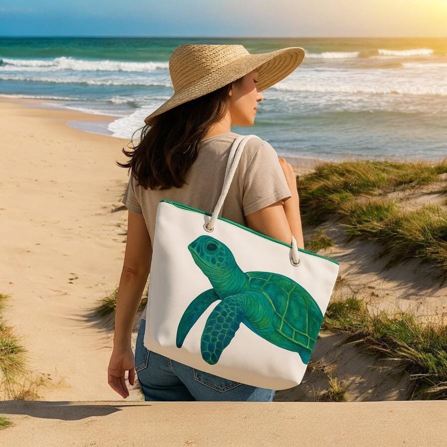 Recycled Sail Tote Bag: Sea Turtle Art, Waterproof Lining