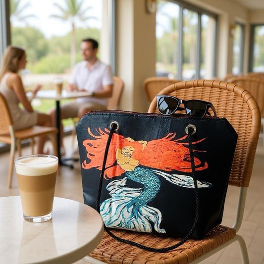 Recycled Sail Mermaid Art Tote Bag: Red or Blonde Hair