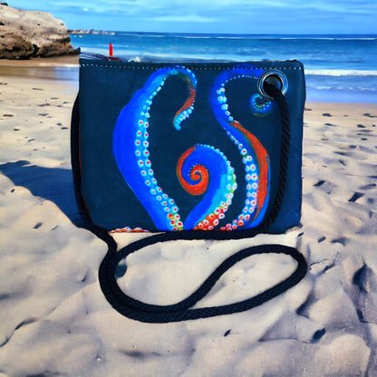 Recycled Sailcloth Octopus Art Tote Bag: Crossbody or Wristlet