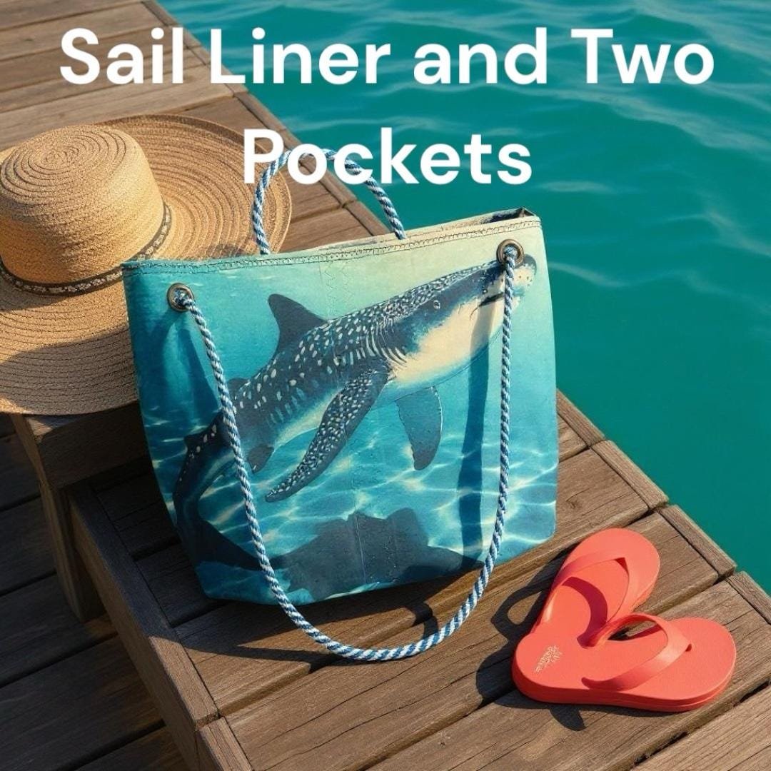 Whale Shark Tote – Original Art on Blue Recycled Sail Bag