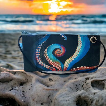 Recycled Sailcloth Octopus Art Tote Bag: Crossbody or Wristlet