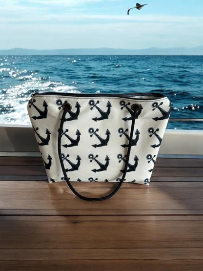 Recycled Sail Tote Bag: Nautical Anchor Design, Zipper Top