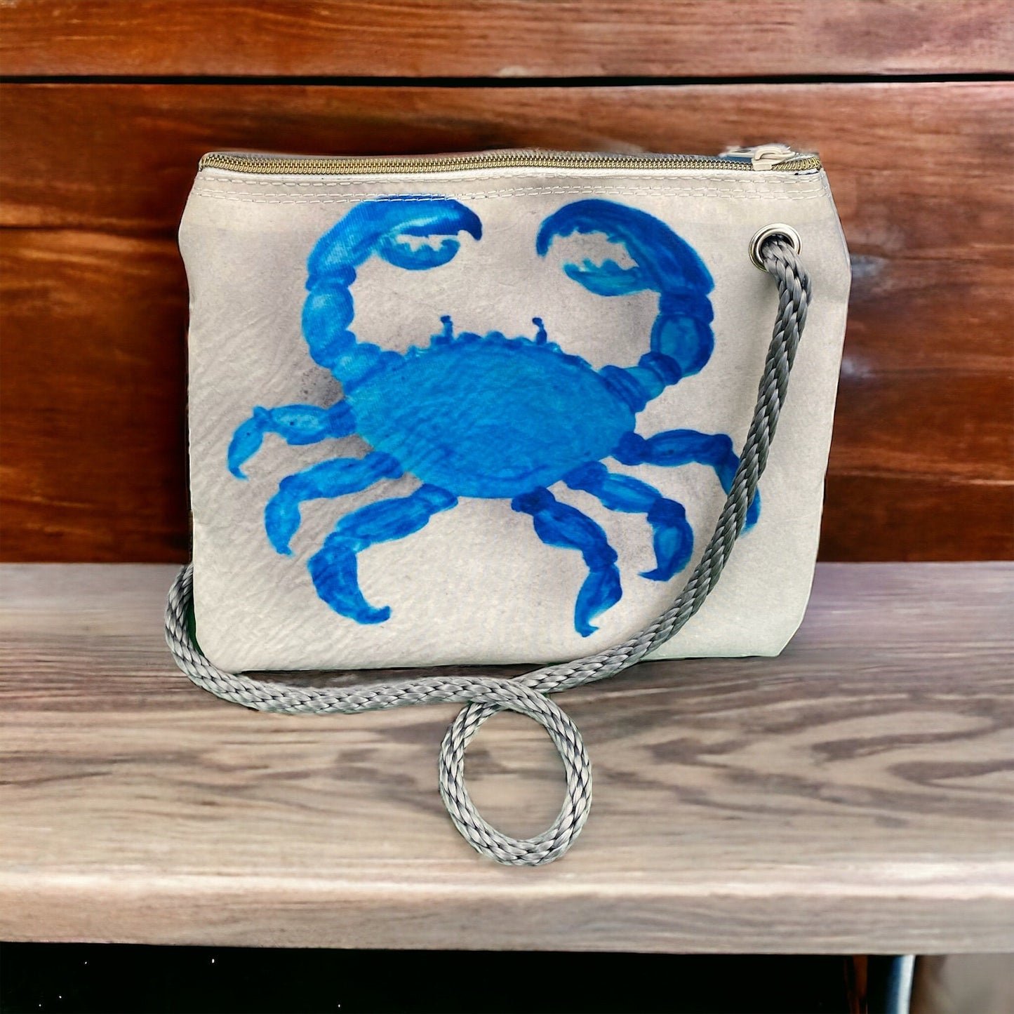 Recycled Sailcloth Tote: Blue Crab Art, Waterproof Lining