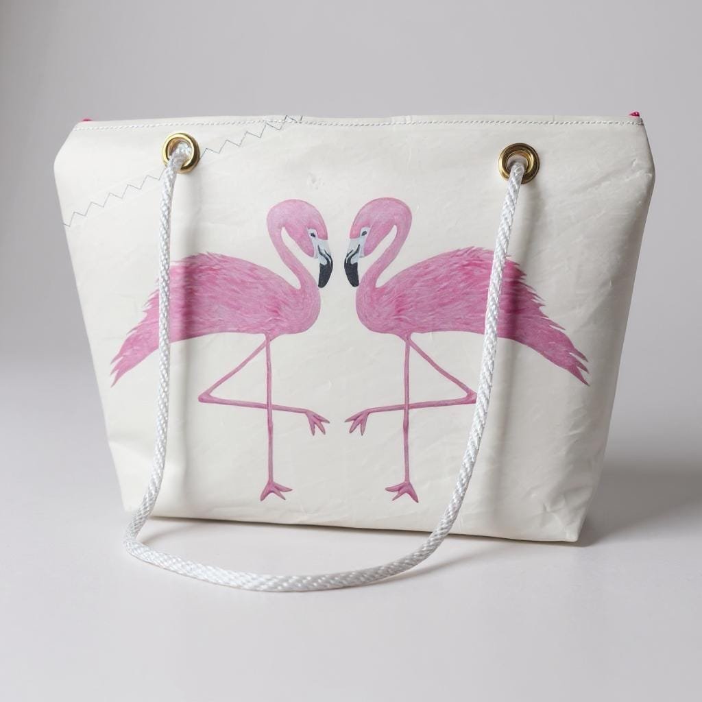 Two Pink Flamingos Tote – Original Art on Off-White Recycled Sail Bag