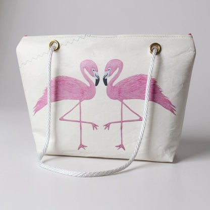 Two Pink Flamingos Tote – Original Art on Off-White Recycled Sail Bag