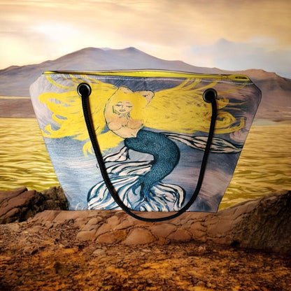 Recycled Sail Mermaid Art Tote Bag: Red or Blonde Hair