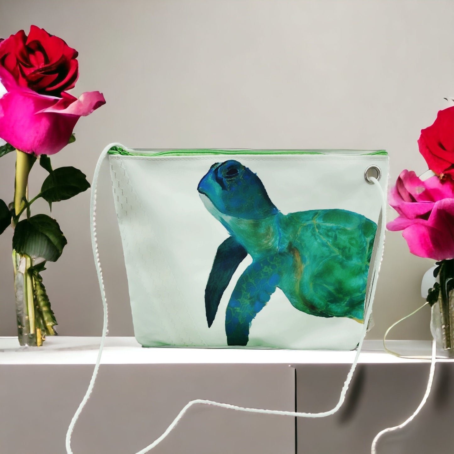 Recycled Sail Tote Bag: Sea Turtle Art, Waterproof Lining