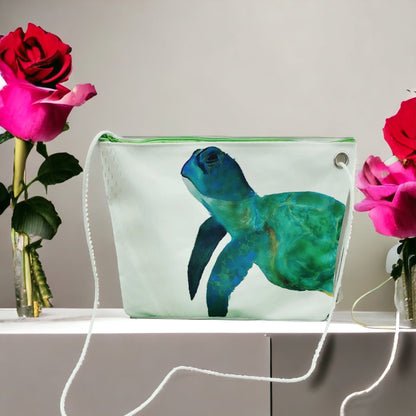 Recycled Sail Tote Bag: Sea Turtle Art, Waterproof Lining