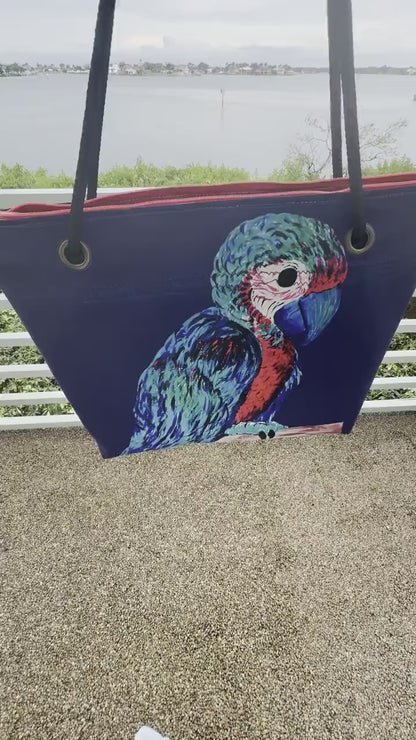 Recycled Sailcloth Parrot Art Tote Bag: Eco-Friendly Coastal Purse