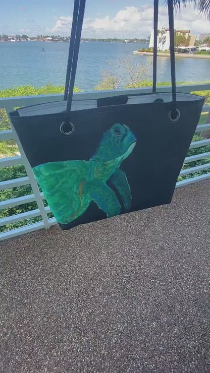 Recycled Sail Tote Bag: Sea Turtle Art, Waterproof Lining