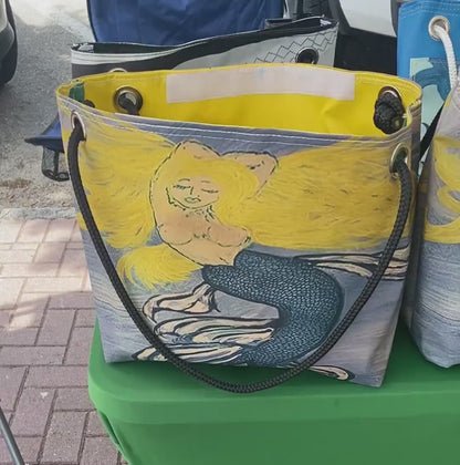 Recycled Sail Mermaid Art Tote Bag: Red or Blonde Hair