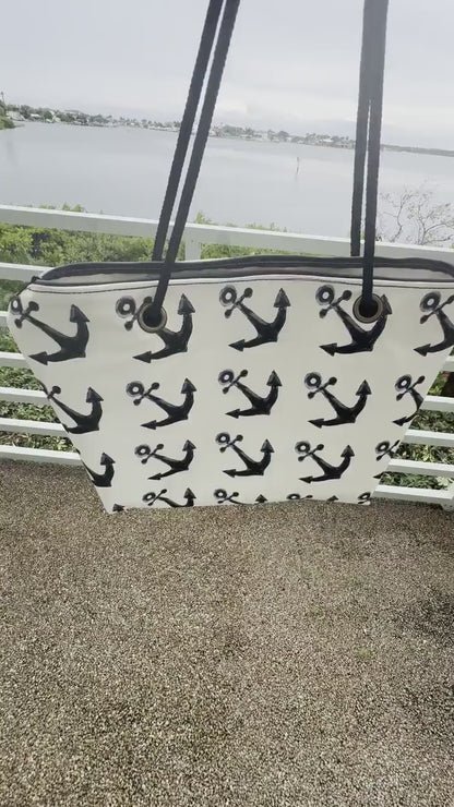 Recycled Sail Tote Bag: Nautical Anchor Design, Zipper Top
