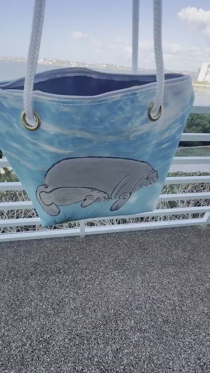 Recycled Sail Tote Bag: Handcrafted Manatee Design